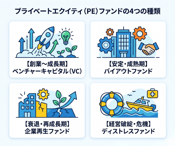 プライベートエクイティ（PE）ファンドの4つの種類